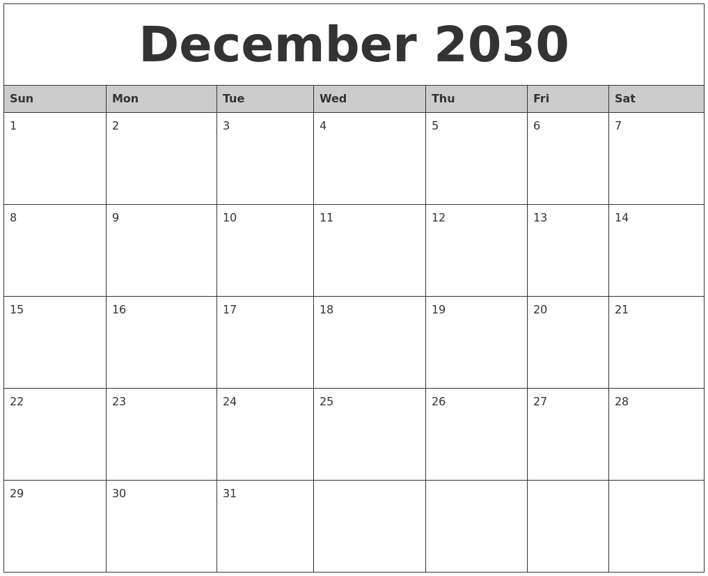 December 2030 Monthly Calendar Printable