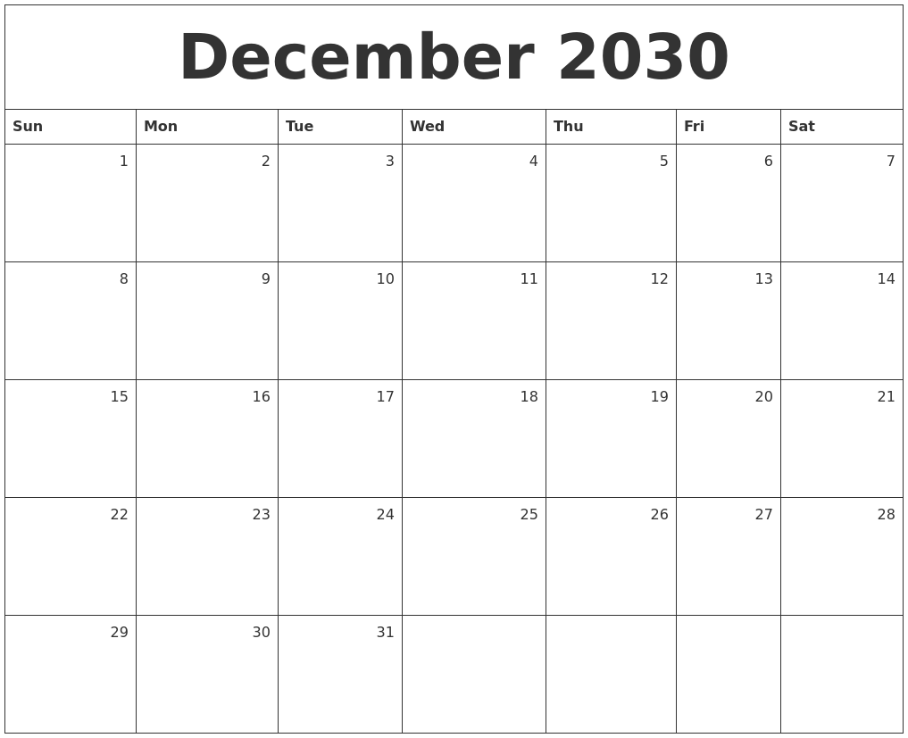 December 2030 Monthly Calendar