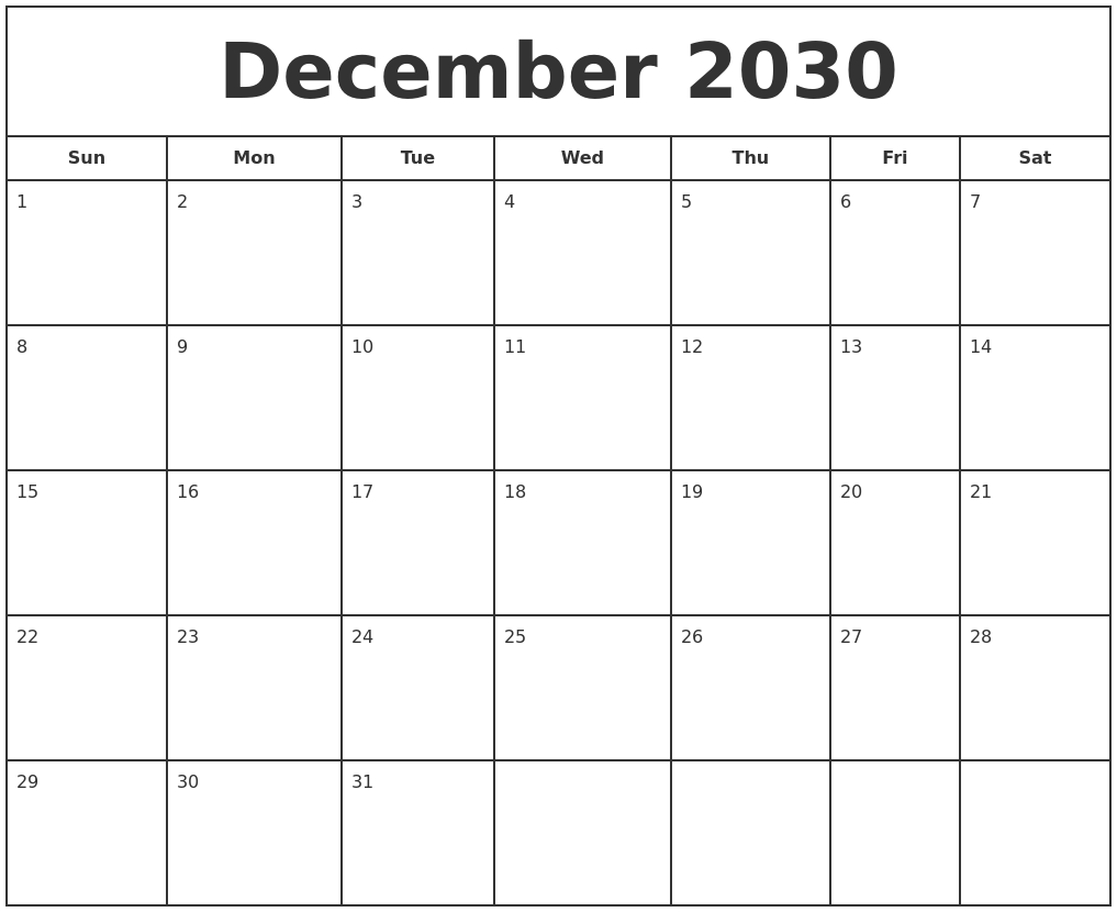 December 2030 Print Free Calendar