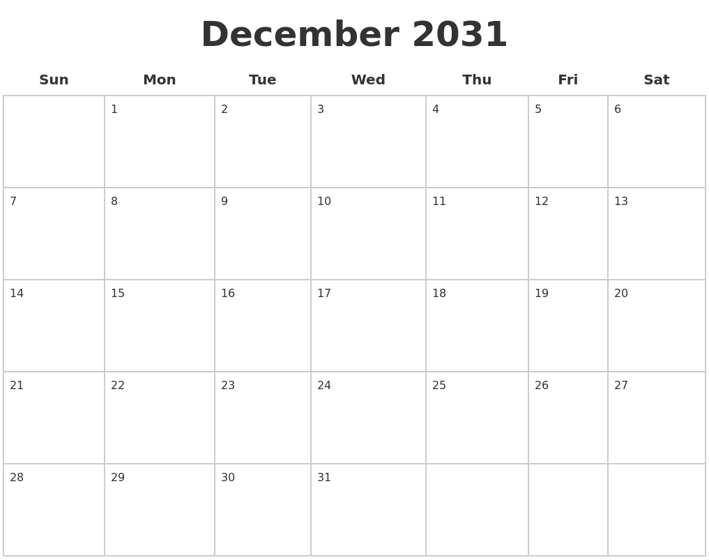 December 2031 Blank Calendar Pages
