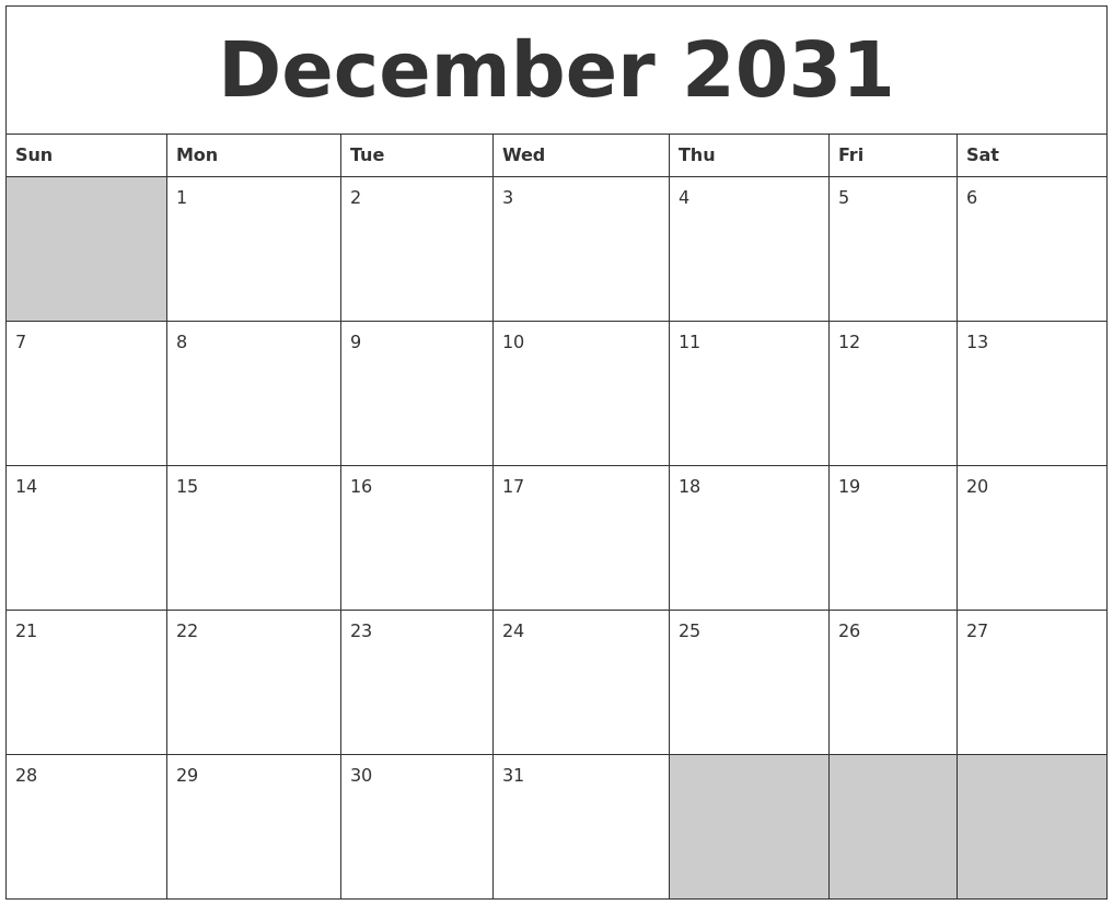 December 2031 Blank Printable Calendar