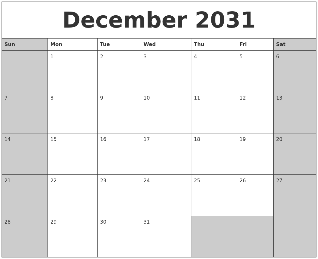 December 2031 Calanders