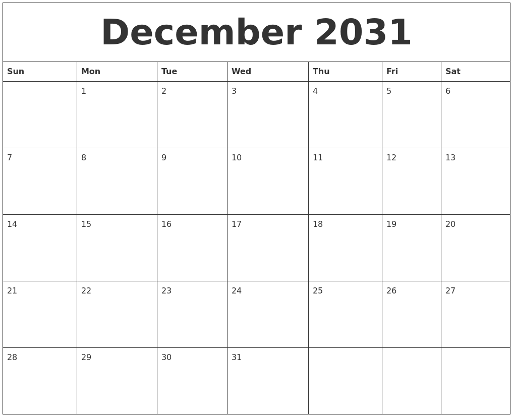 December 2031 Calendar For Printing