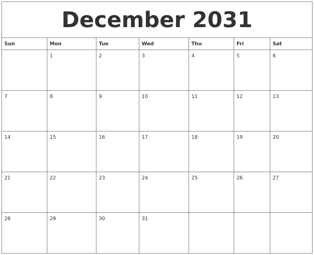December 2031 Calendar Print Out