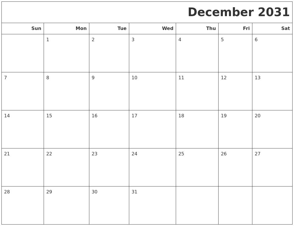 December 2031 Calendars To Print