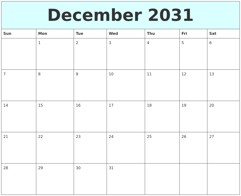 December 2031 Free Calendar