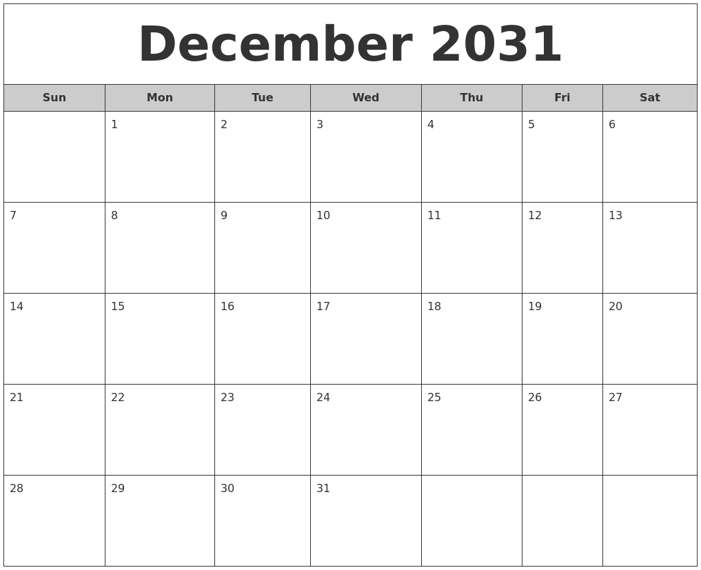 December 2031 Free Monthly Calendar