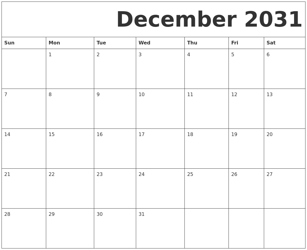 December 2031 Free Printable Calendar