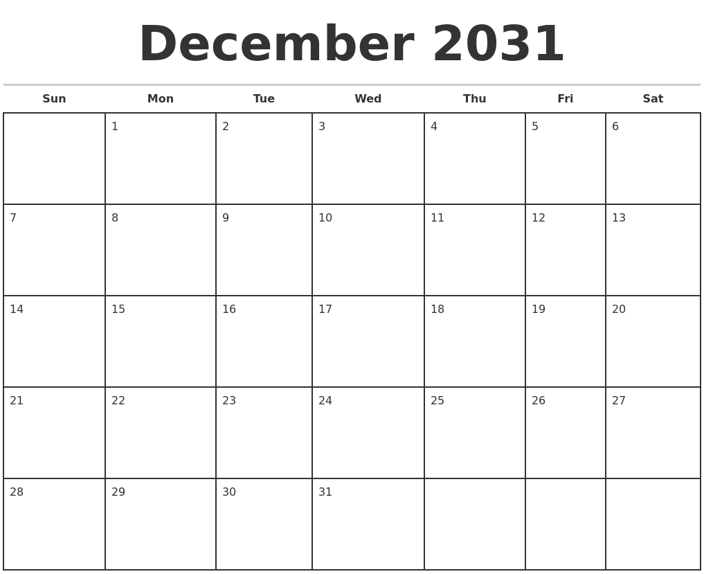 December 2031 Monthly Calendar Template