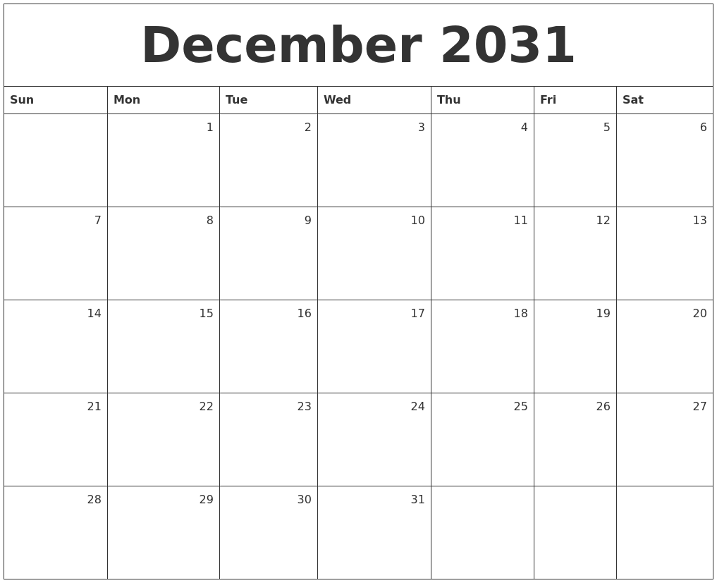 December 2031 Monthly Calendar