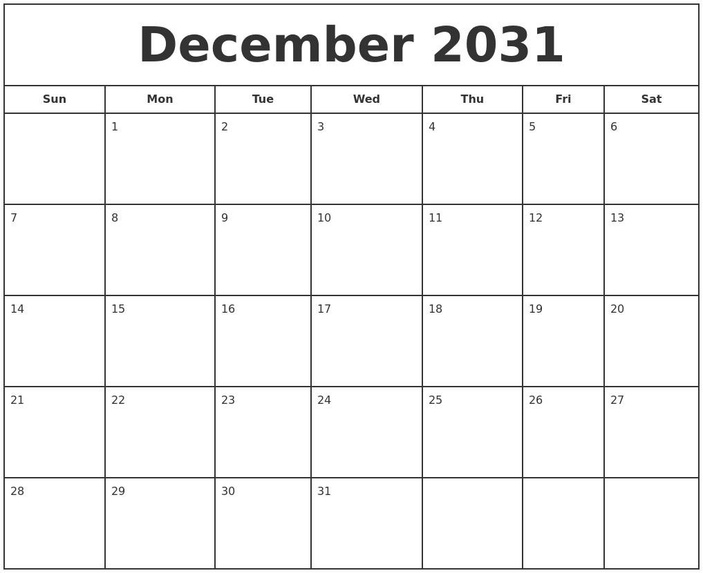 December 2031 Print Free Calendar