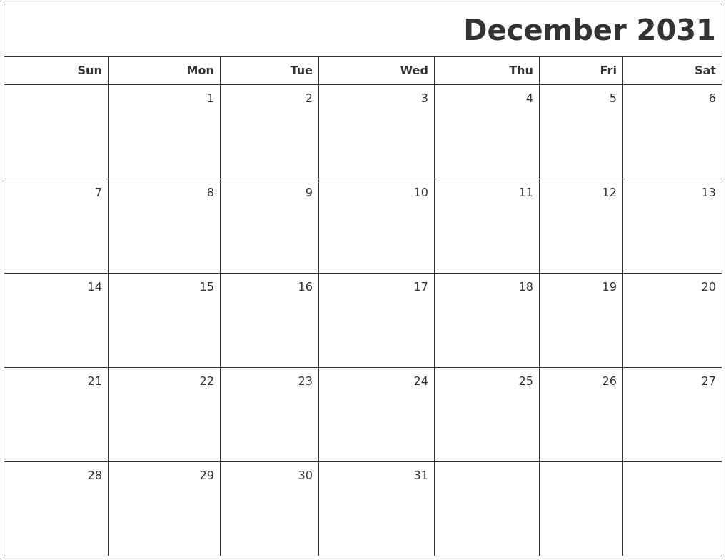 December 2031 Printable Blank Calendar