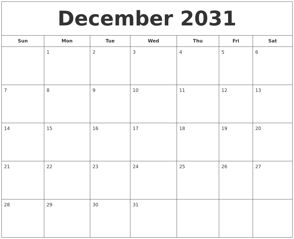 December 2031 Printable Calendar
