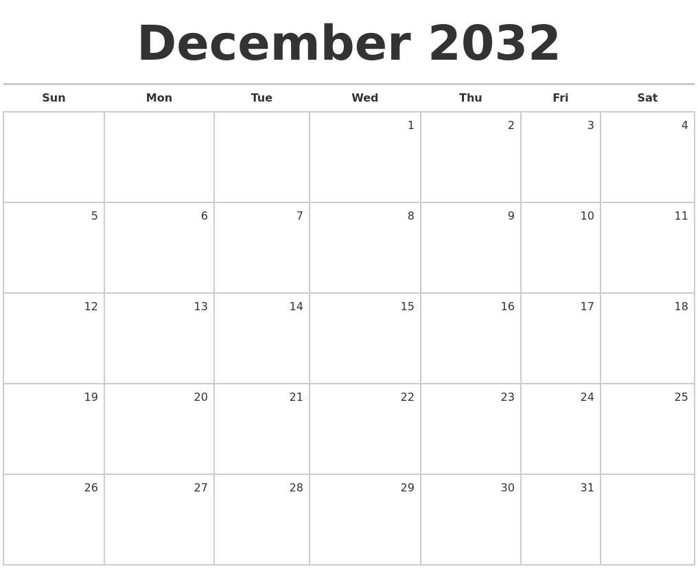 December 2032 Blank Monthly Calendar