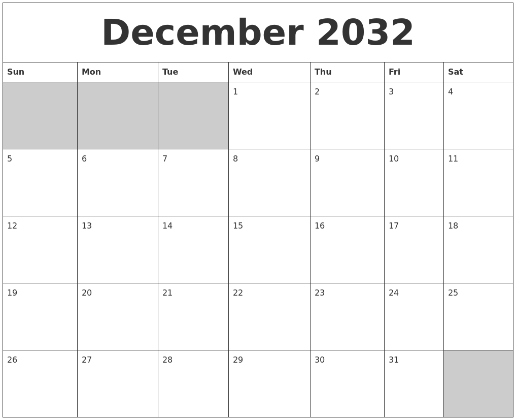 December 2032 Blank Printable Calendar