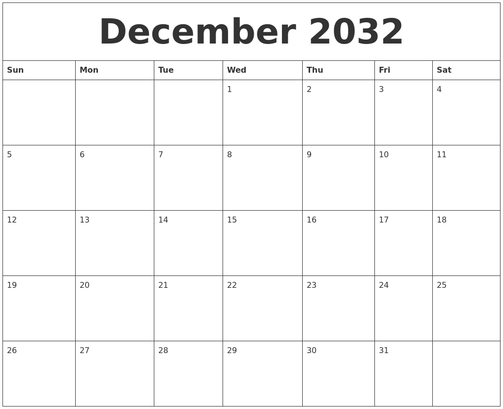 December 2032 Calendar For Printing