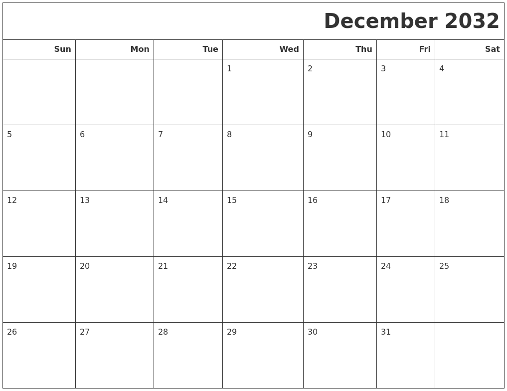 December 2032 Calendars To Print