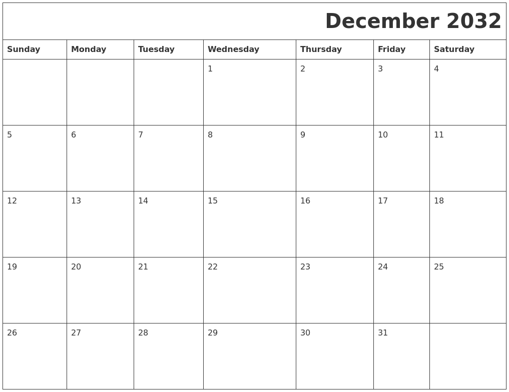 December 2032 Download Calendar