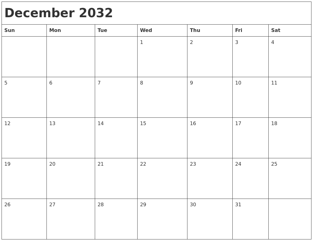 December 2032 Month Calendar