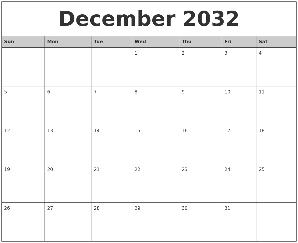 December 2032 Monthly Calendar Printable