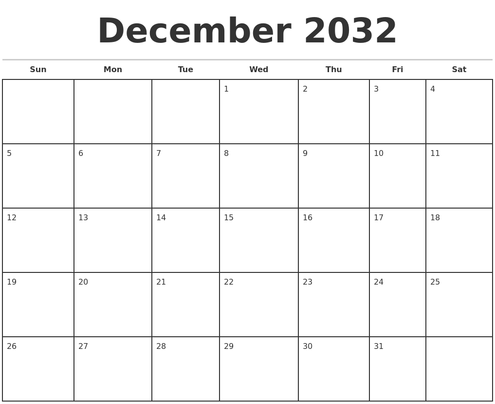 December 2032 Monthly Calendar Template