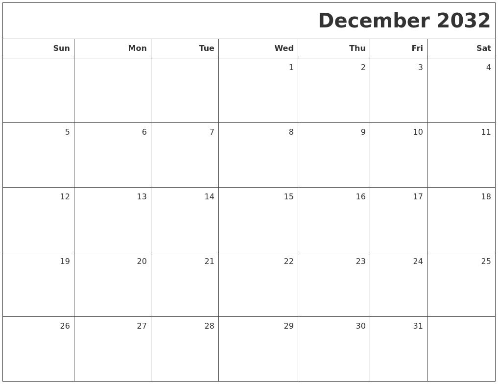 December 2032 Printable Blank Calendar