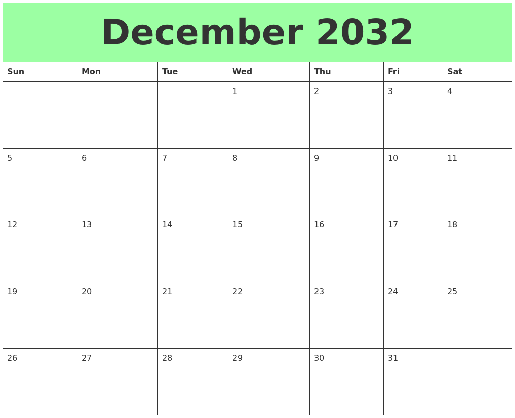 December 2032 Printable Calendars