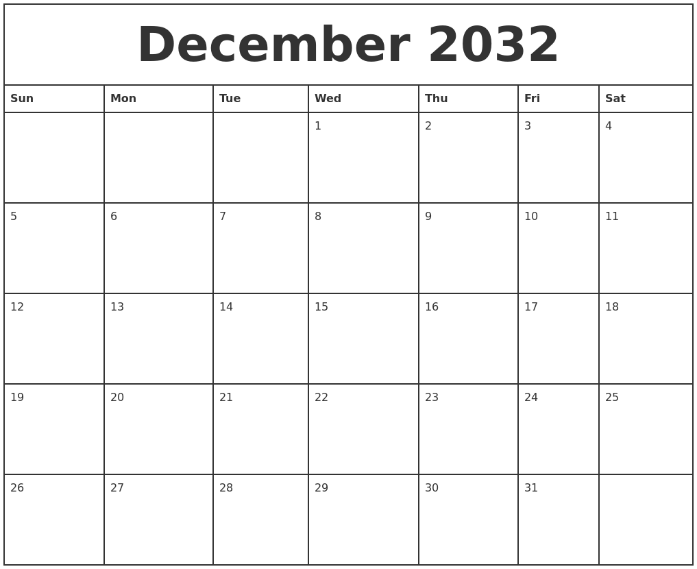 December 2032 Printable Monthly Calendar