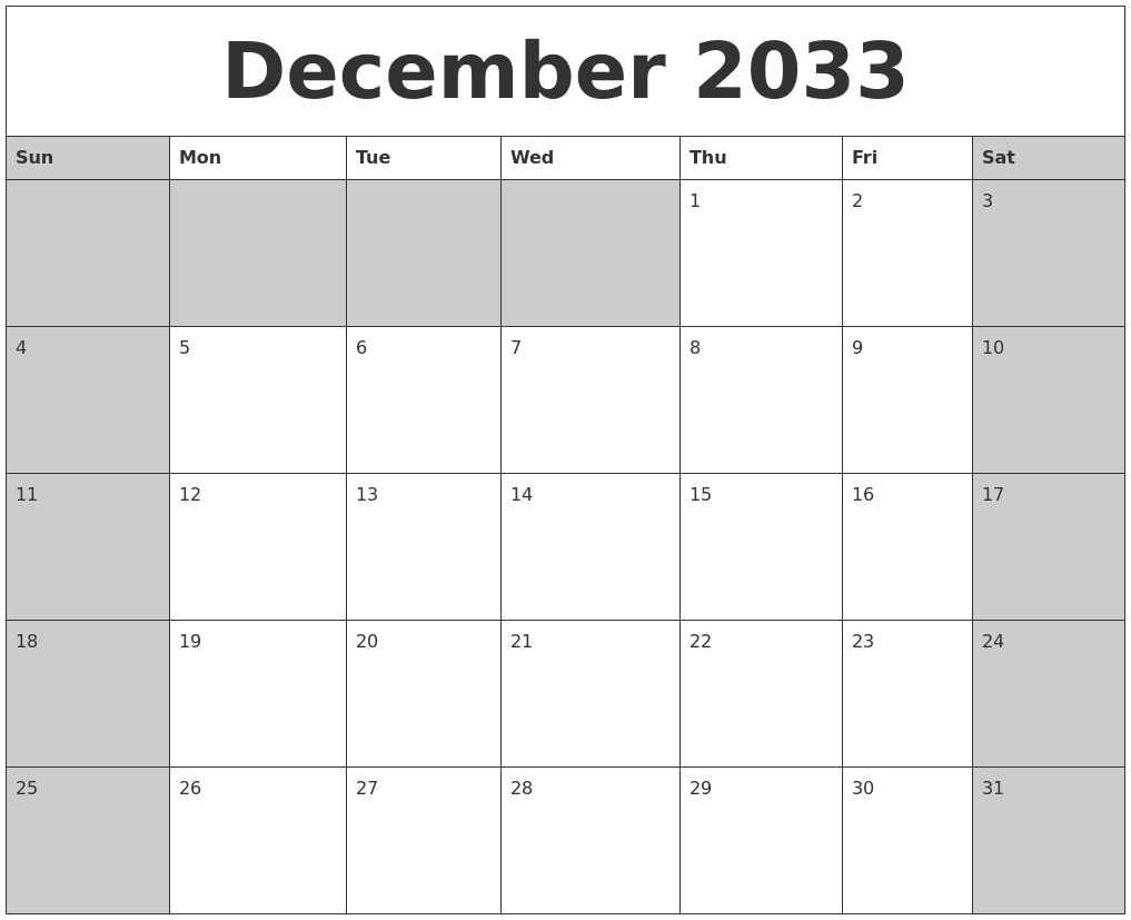 December 2033 Calanders