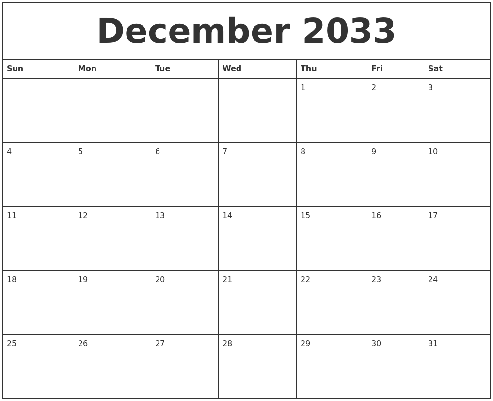 December 2033 Calendar For Printing