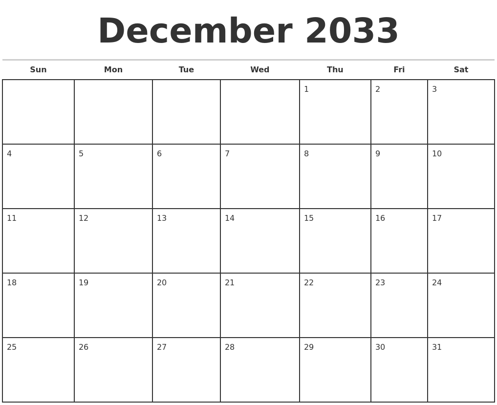 December 2033 Monthly Calendar Template