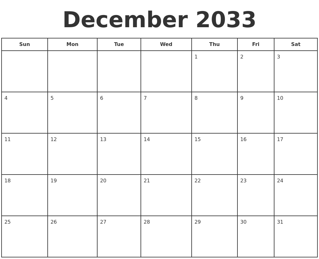 December 2033 Print A Calendar