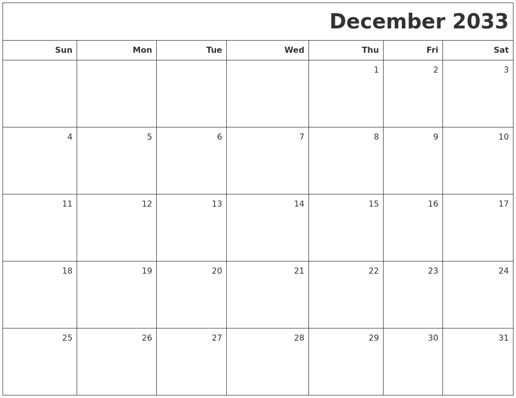 December 2033 Printable Blank Calendar
