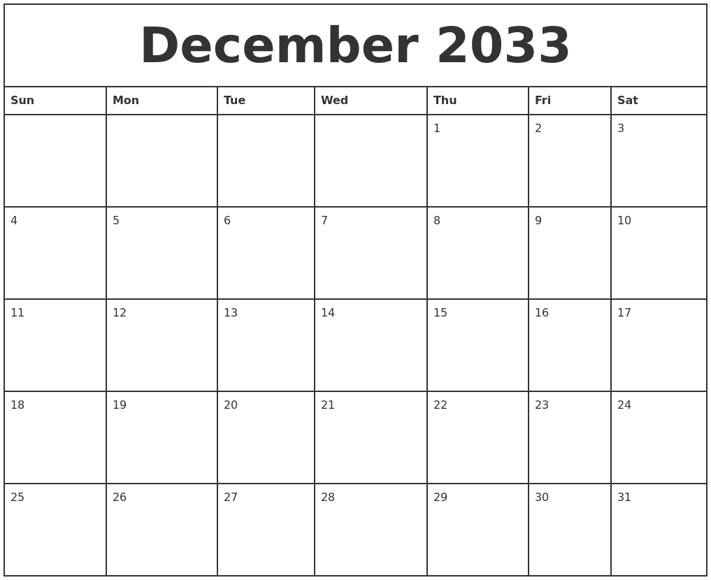 December 2033 Printable Monthly Calendar