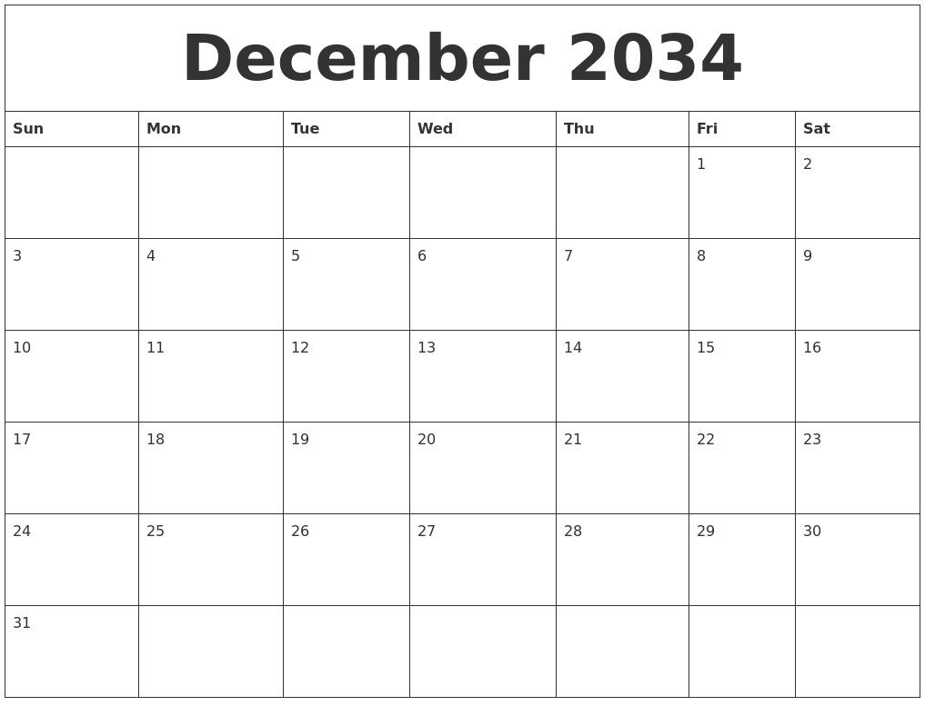 December 2034 Birthday Calendar Template