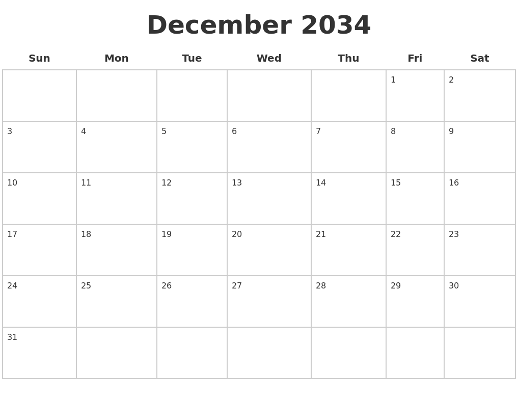 December 2034 Blank Calendar Pages