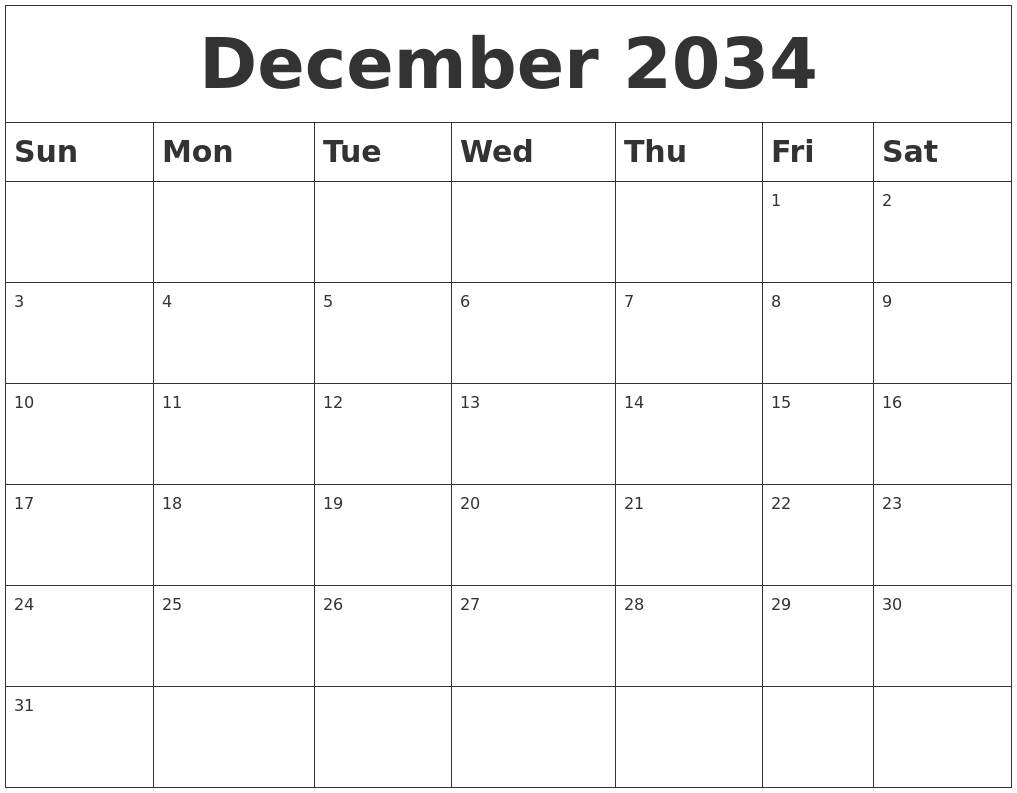 December 2034 Blank Calendar