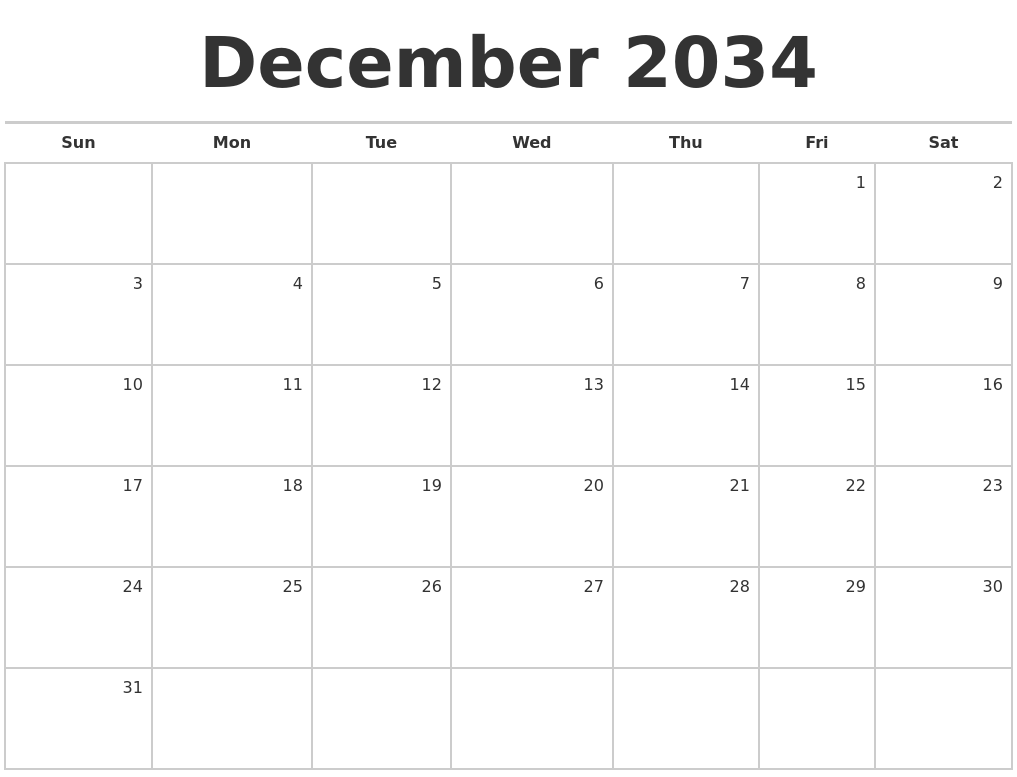 December 2034 Blank Monthly Calendar
