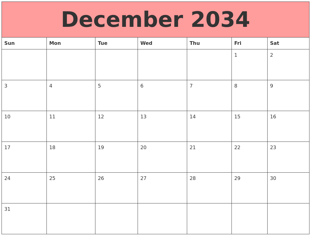 December 2034 Calendars That Work