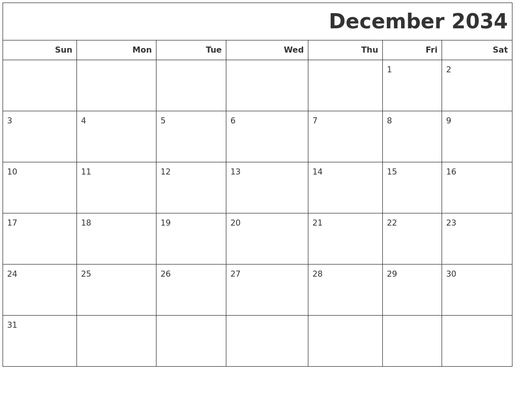December 2034 Calendars To Print