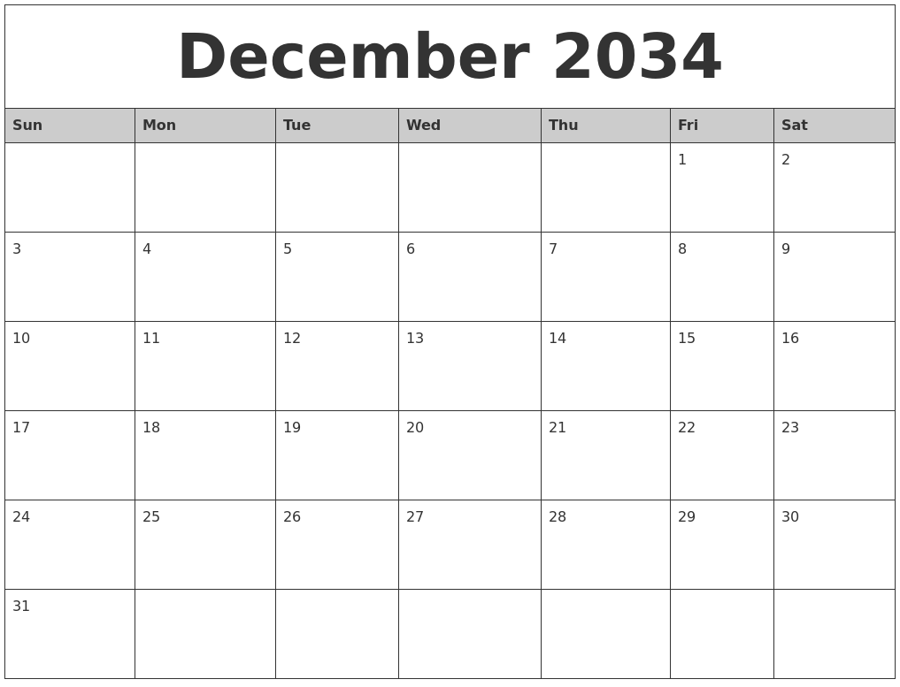 December 2034 Monthly Calendar Printable