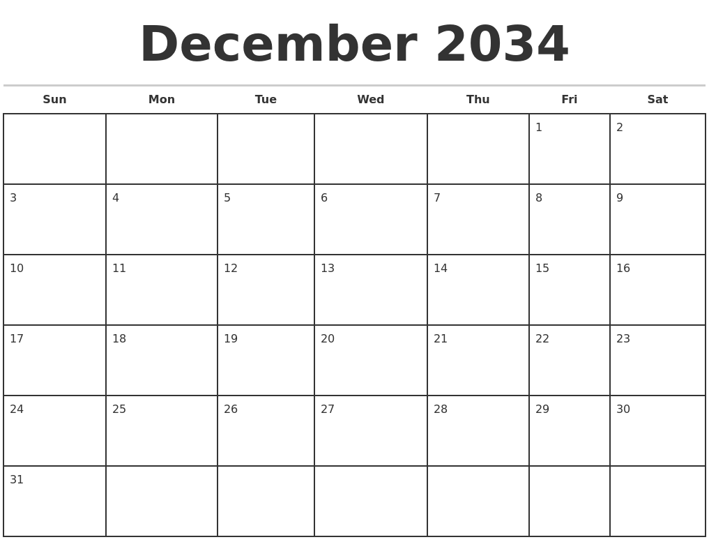 December 2034 Monthly Calendar Template