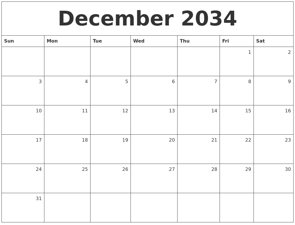 December 2034 Monthly Calendar
