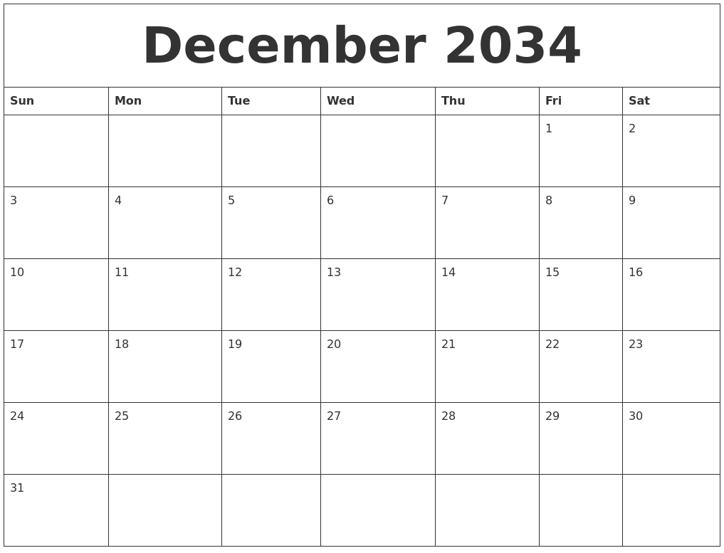 December 2034 Print Online Calendar