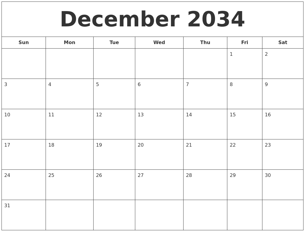December 2034 Printable Calendar