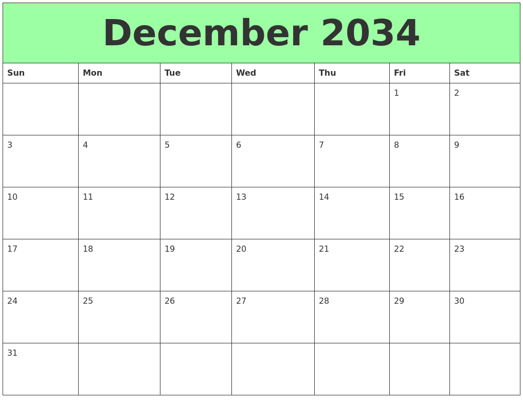 December 2034 Printable Calendars