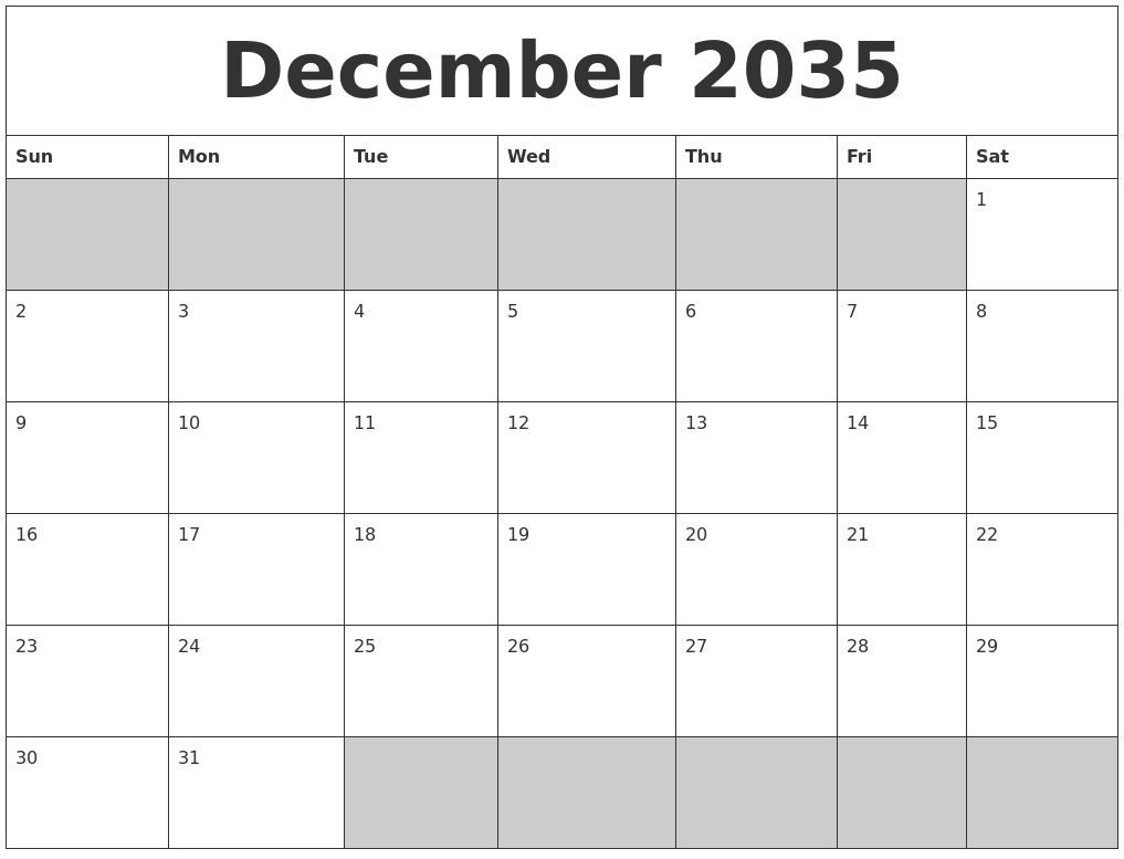 December 2035 Blank Printable Calendar