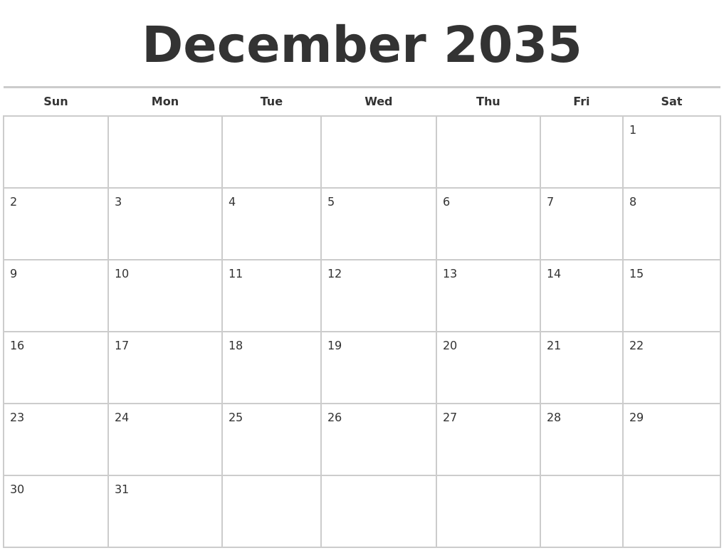 December 2035 Calendars Free