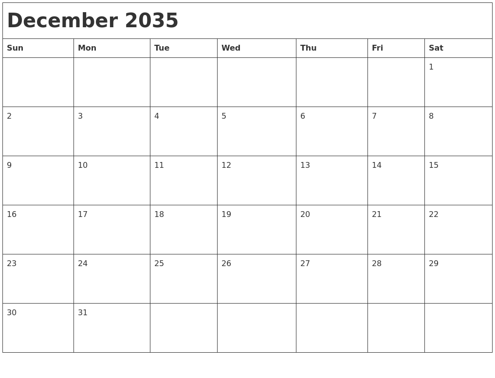 December 2035 Month Calendar