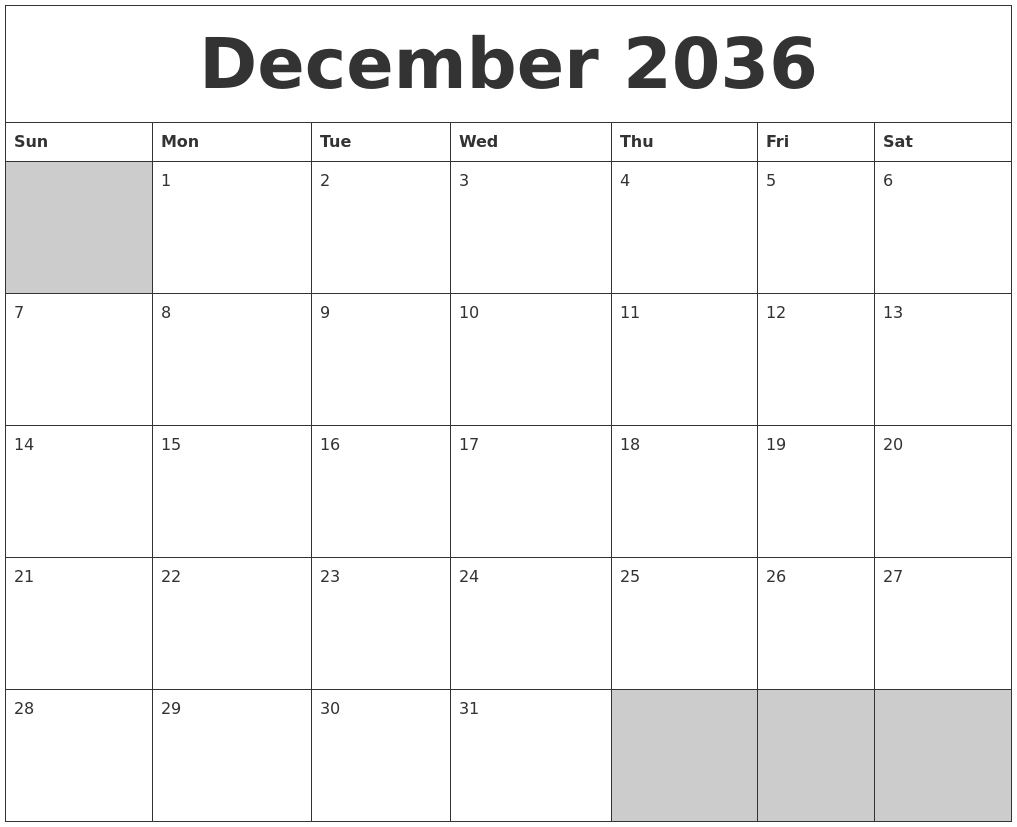 December 2036 Blank Printable Calendar